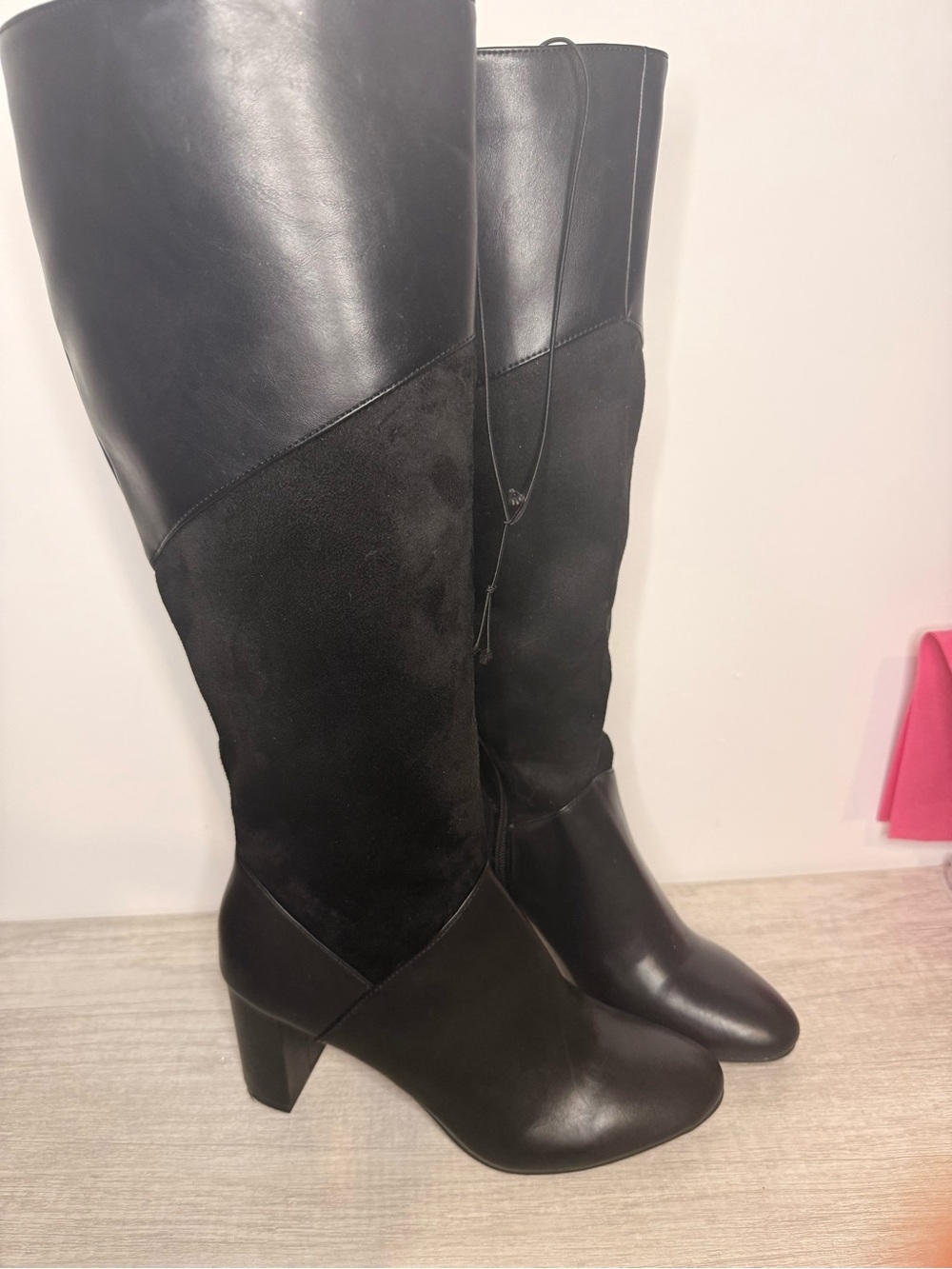 Ann Taylor Factory Mixed Media Tall Block Heel Boots Black 7.5 NWT